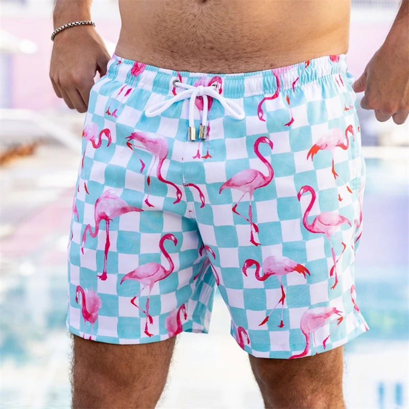 

Summer Popular Flamingo 3D Print Beach Short For Men Clothing Street Casual Stripe Plaid Board Shorts Fashion Funny Swim Trunks
