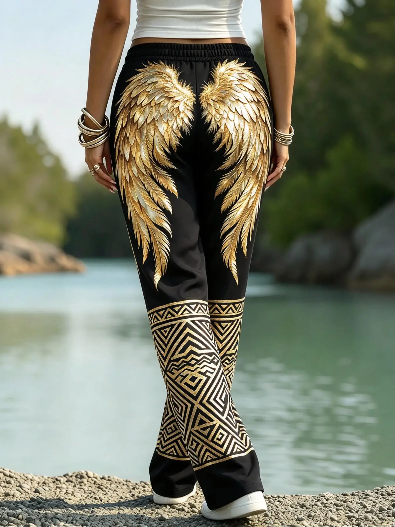Casual Wide Leg Trousers Golden Angel Wing Butterfly Print Elastic Waist Geometric Pattern