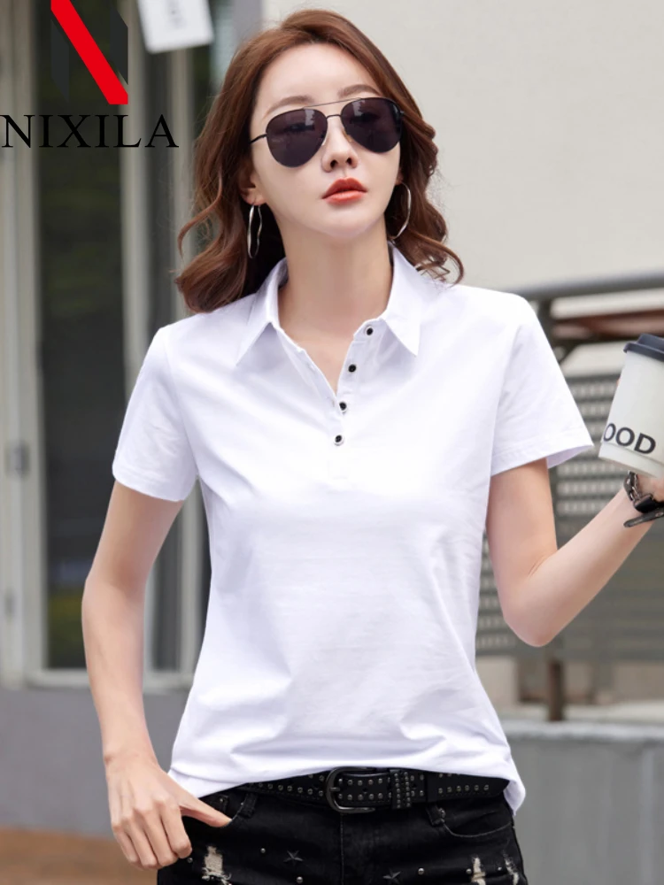 

Новинка лета: трикотажные поло-рубашки для женщин, свободные футболки оверсайз с коротким рукавом, элегантные базовые топы, корейская мода, женская одежда.