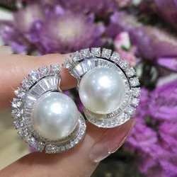 Huitan Gorgeous Simulated Pearl Pierced Earrings Female Bridal Wedding Jewelry Bright Zirconia Accessories for Engagement Party