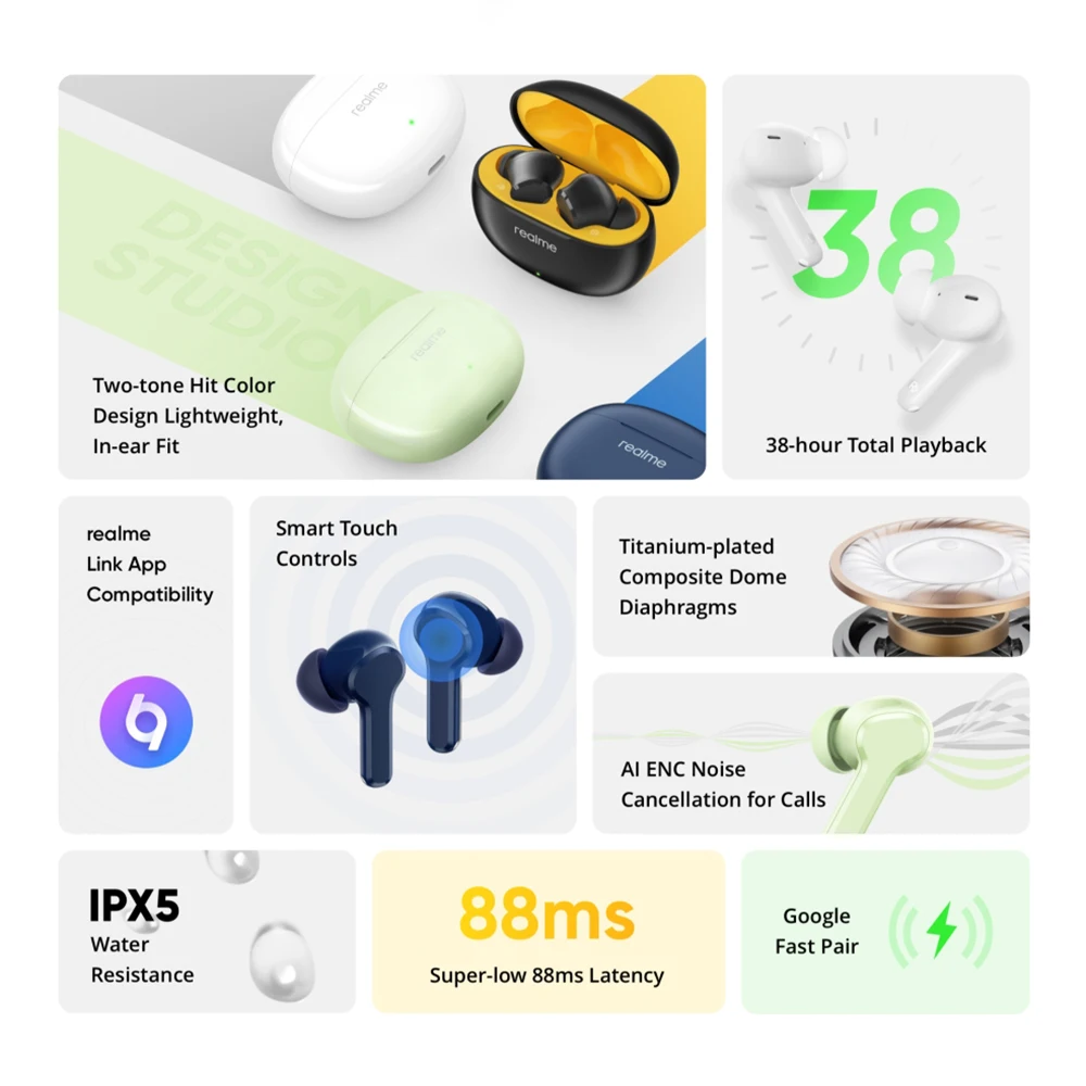 Global Version realme Buds T110  Earphone Bluetooth AI ENC Call Noise Cancelling Bluetooth 5.4 Headset True Wireless Headphone