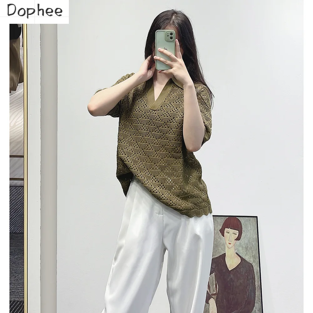 

High Quality Women Cotton Knitting Shirts New Spring Summer Half Sleeve Hollow Out Turn-down Collar Pullover Top Loose Sweaters