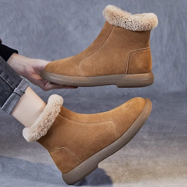 Thickened Warmth Genuine Leather Snow Boots Sheepskin Lined High Top Women's Fashion Boots round Toe Flat Heel Rubber Sole