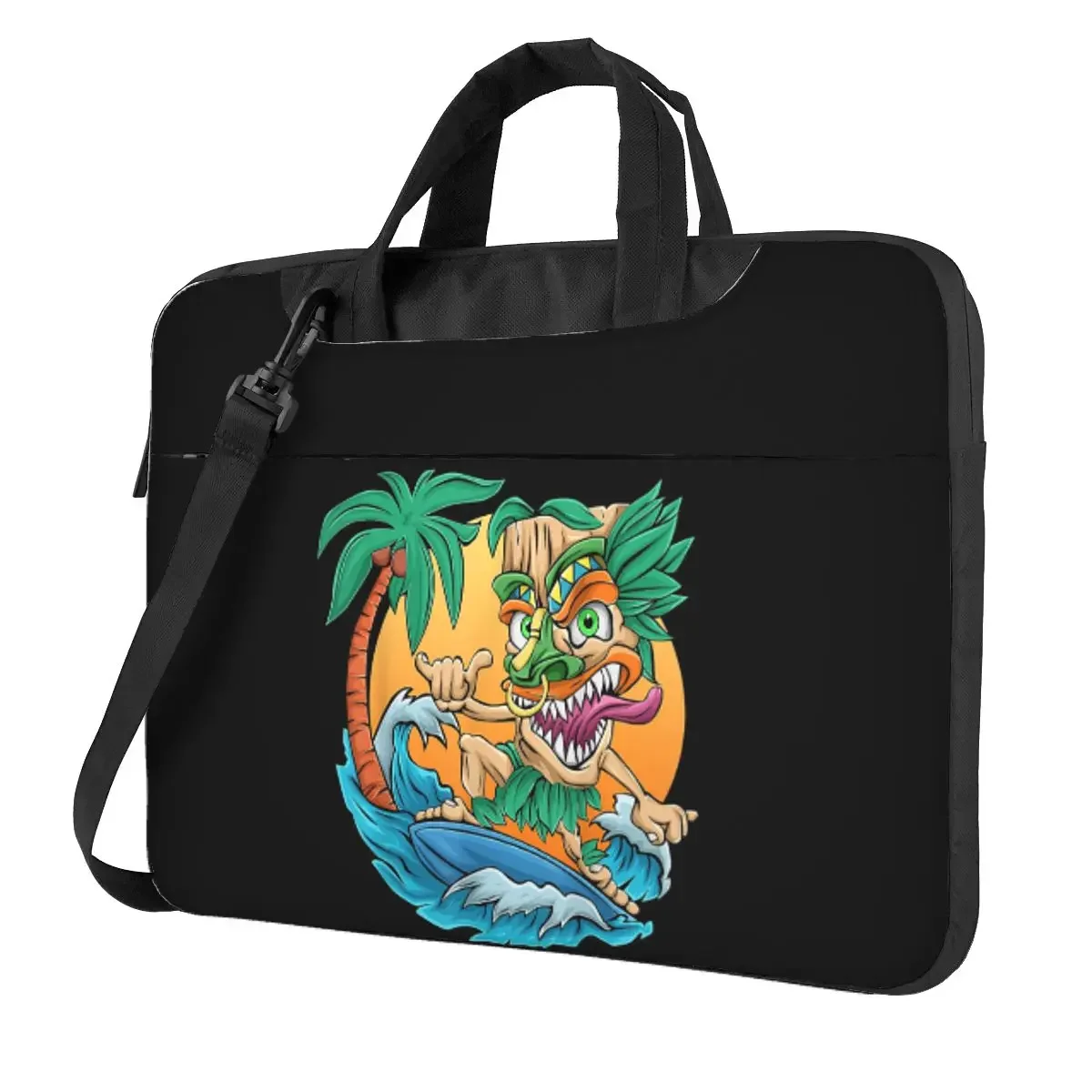 Tiki Man Surfing Surfer Beach Waves Palm Trees Tropical Crossbody Laptop Bag Case Computer Bag 13 14 15.6 Inch Notebook Pouch