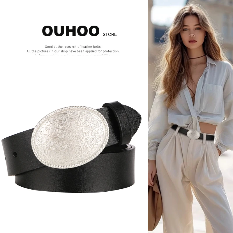 Women's Western Cowboy Belt Fashion Black Leather Country Belt Vintage Flower Buckle Belts for Jeans Pants