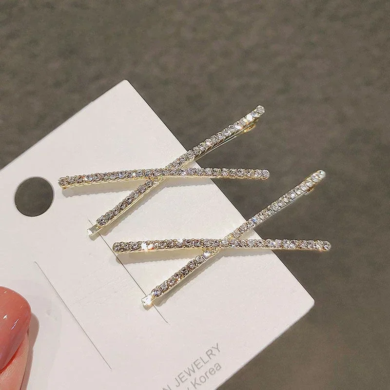 2PCS X-shaped Hair Clips Shiny Rhinestone Fashionable Small Hair Clips Fringe Decorative Clips Woman Hair Accessories