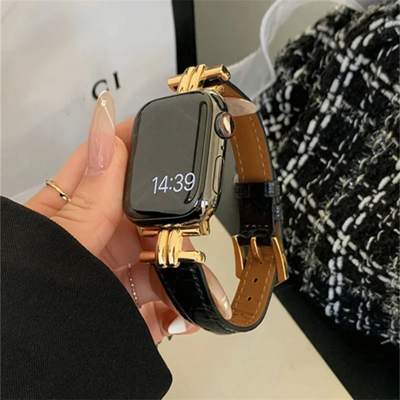 Luxury Slim Leather Bracelet For iWatch Series 9 8 7 6 5 4 3 SE Women Metal Strap For Apple Watch Band 44mm 41mm 45mm 40mm 49mm