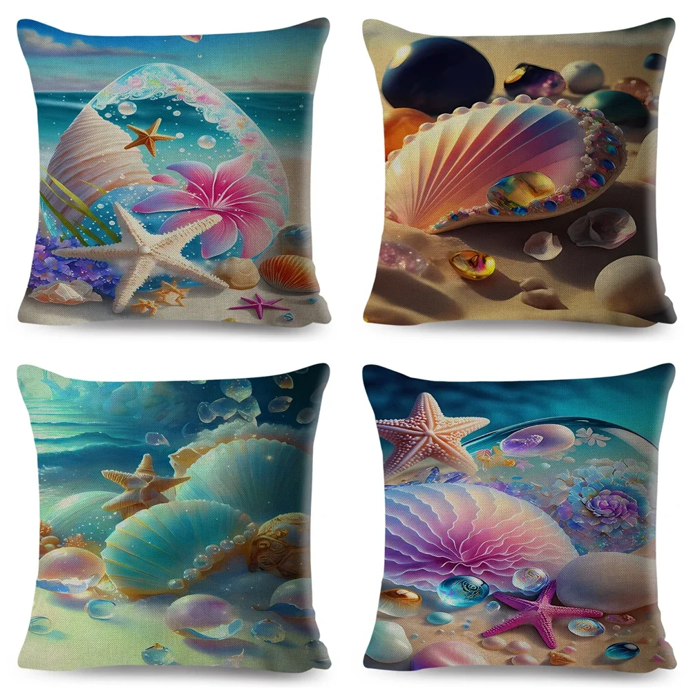 Nordic Style Cushion Cover for Sofa Home Decor Fantasy Shell Seaside Scenery Ocean Animal Print Pillowcase Throw Pillow Case