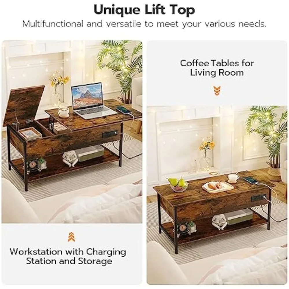 Coffee Table for Living Room, Coffee Table with Lift Top and Power Outlet,Coffee Table with Charging Station Rustic Brown Black