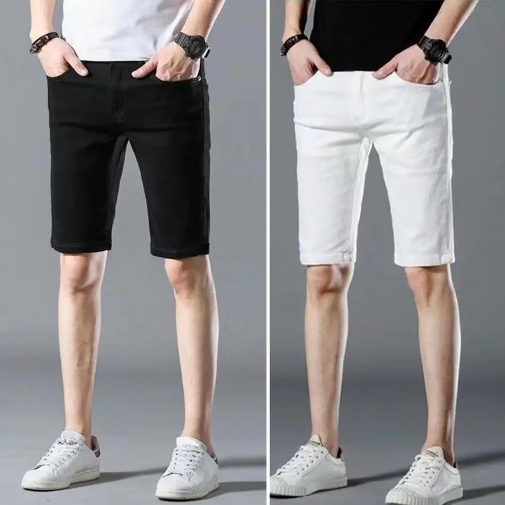 Casual Short Trousers Retro Zipper Summer Pure Color Knee Length Shorts  Denim Shorts Slim