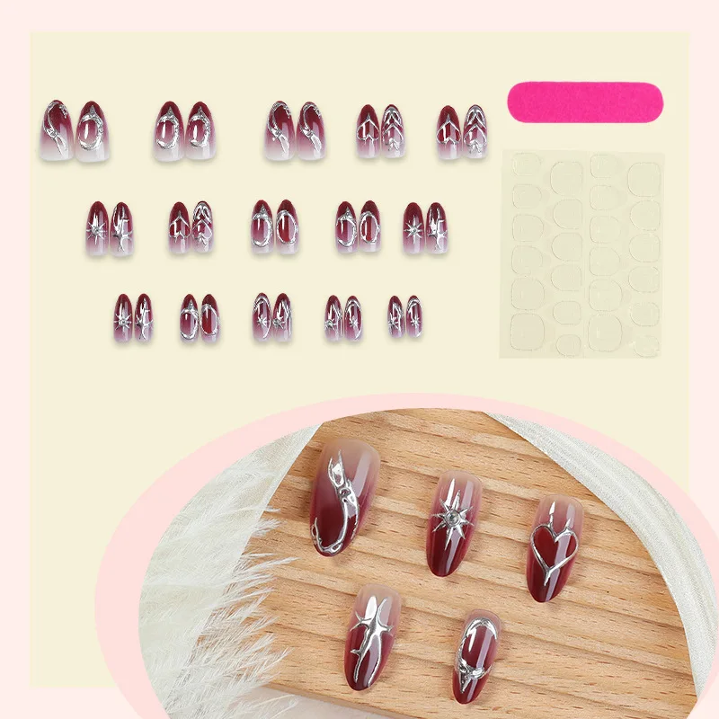 24PCS Gothic Dark Red Blush French Fake Nails Metallic Silver Heart Star Sweet Cool Almond Press on Nails Wearable Ins Nail Tips