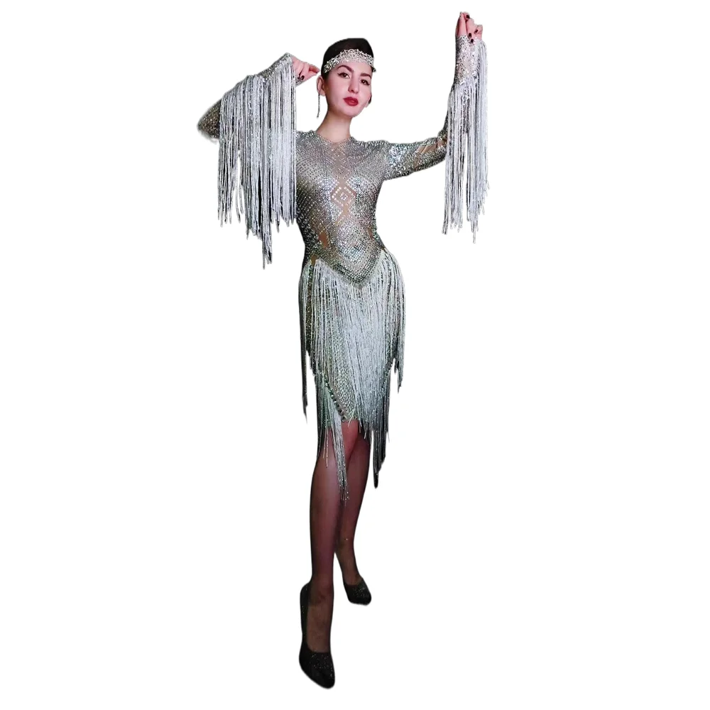 

Female Singer Car Model Dance Water Diamond Elastic Tassel Wrap Hip Short Skirt Evening Dress Stage Performance Clothing