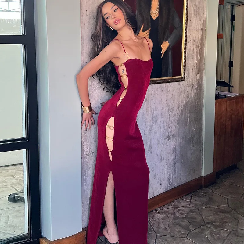 

Spaghetti Straps Velvet Maxi Evening Party Dress Women Sexy Metal Ring Side Split Hollow Out Backless Bodycon Club Long Robe