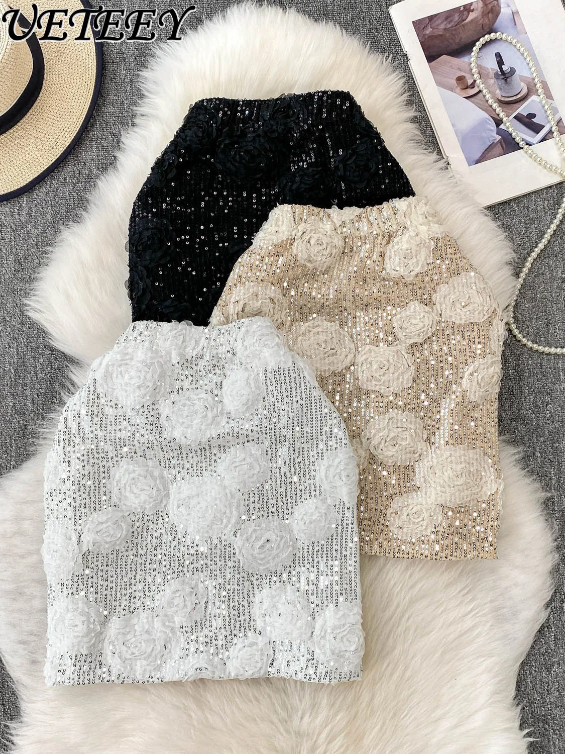 

Heavy Industry Sequined Flower High Waist Short Skirt Women's Spring and Summer Hot Girls Beautiful Temperament Hip Mini Skirts