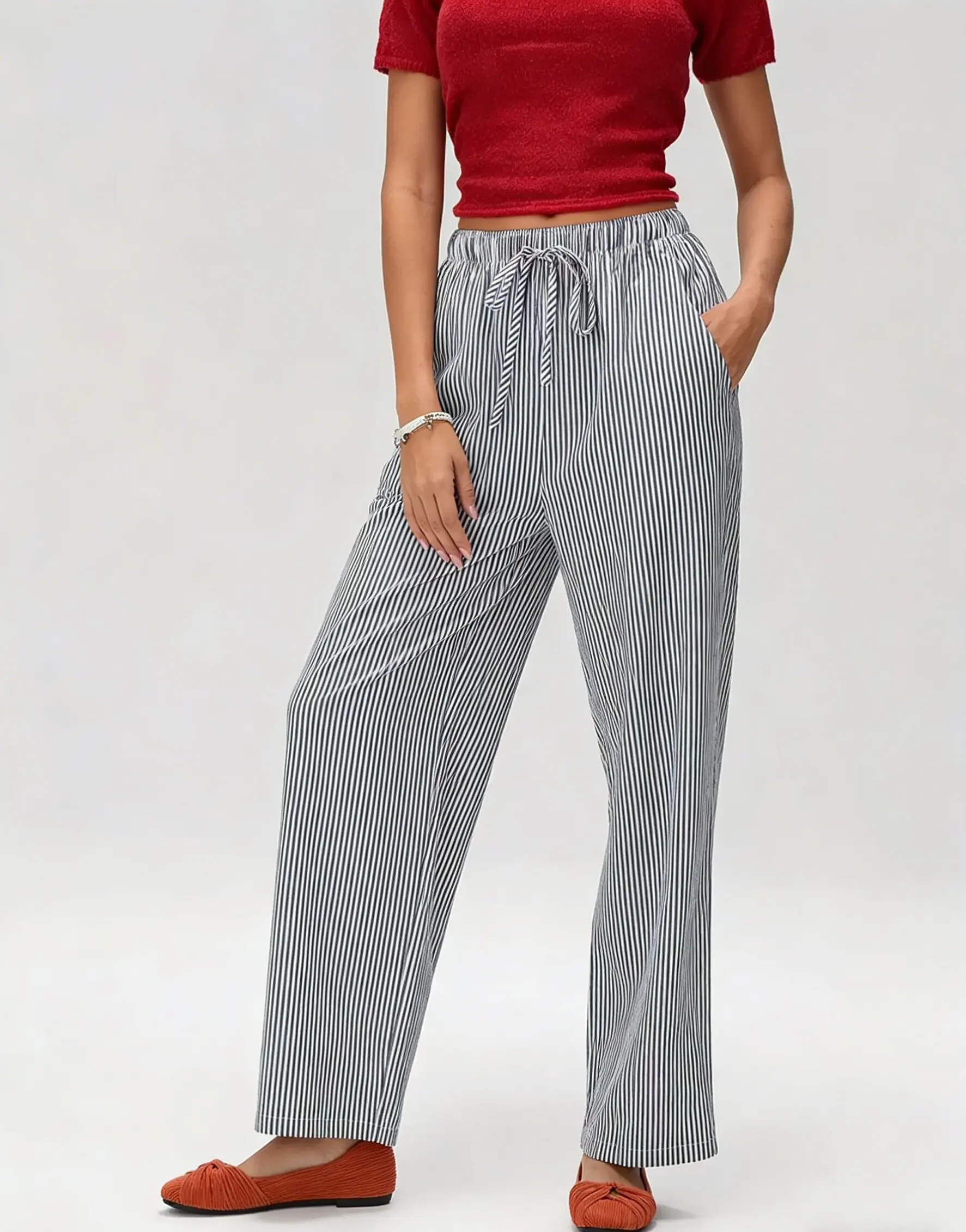 Women's summer pants, casual loose high-waisted street fashion striped straight-leg trousers