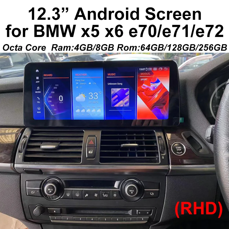 

12.3 RHD x5 x6 e70 e71 Android 13 Car Stereo for BMW 1920x720 Video Player Multimedia Built-in GPS WiFi BT5.0 4G LTE Google Map