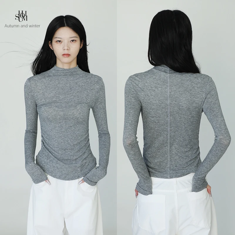 

Slim Fit Long Sve Knitted Wool T-irt Women's American Sle f High Collar Knitwear Casual Wear for Parties And Busin