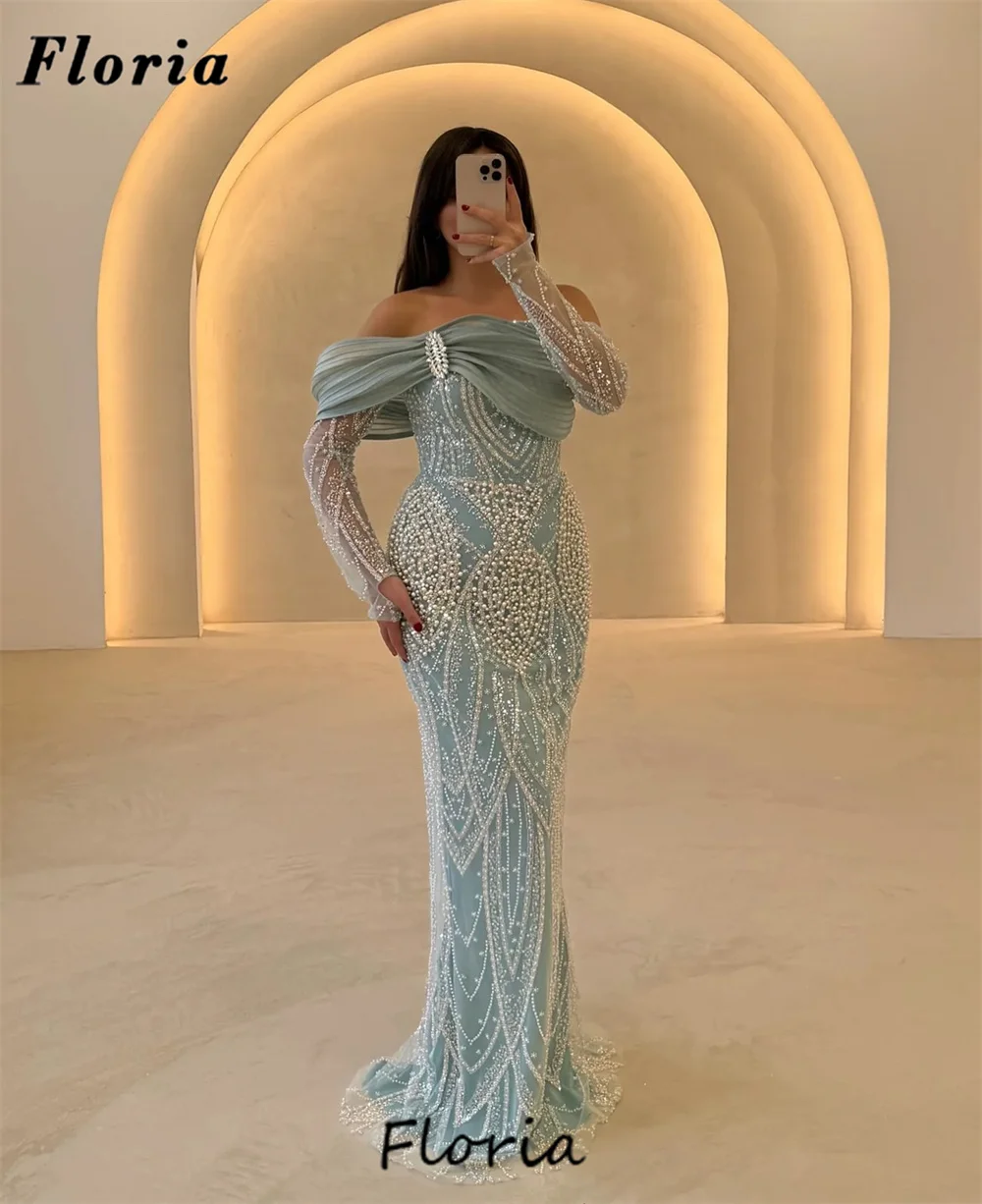 

Customized 2025 Blue Mermaid Prom Dresses Off Shoulder Beaded Pearls Evening Dress For Women Party Gowns Vestidos De Cóctel