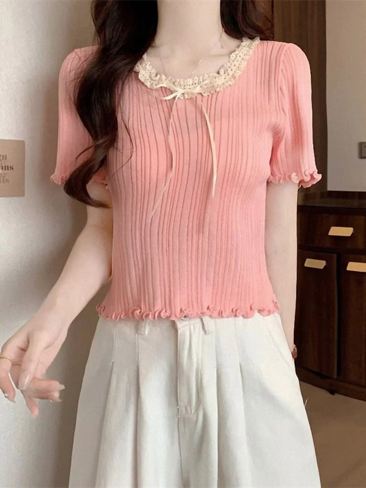 

Summer Women's Sweet ort Sve Lace Hollow out Knot Splice Knitted Top Trendy Length Faionable Design
