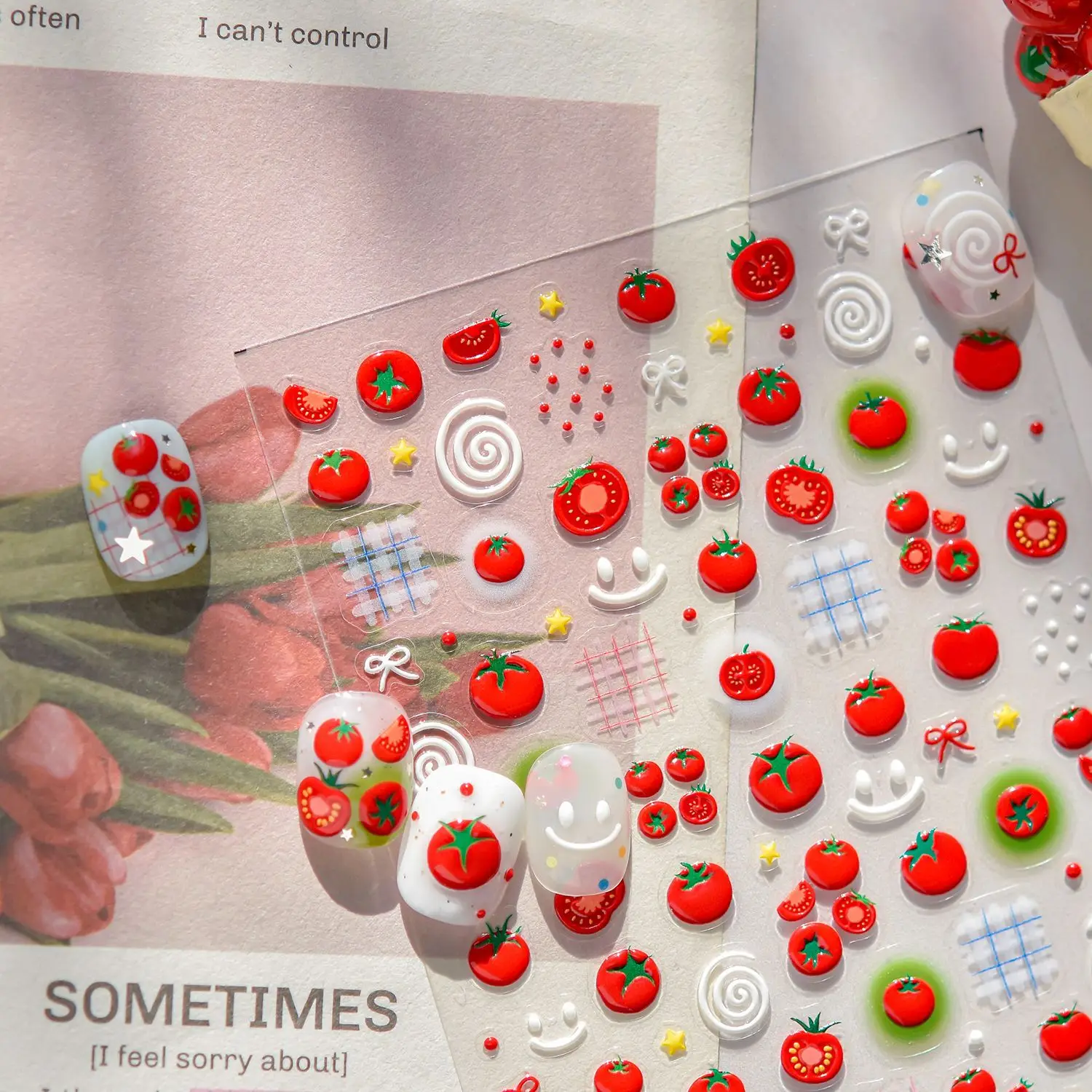 1pc bonito suculento tomate vermelho arte do prego adesivos 5d geléia frutas limão cereja corte ponto bowknot design auto adesivo manicure decalque