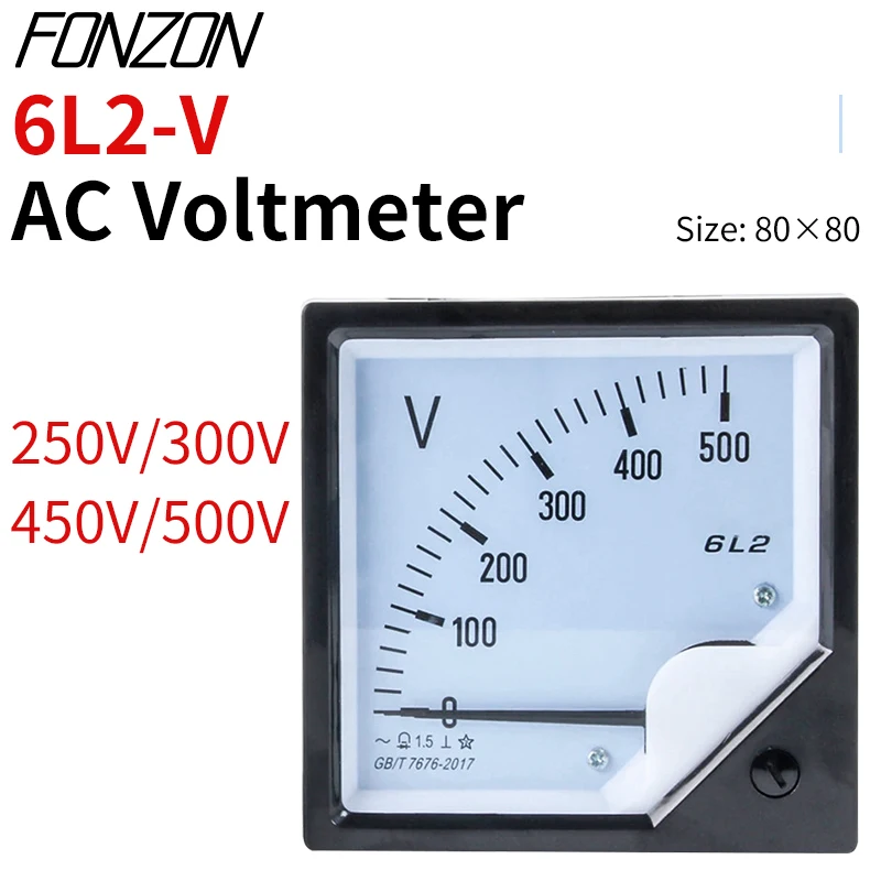 6L2-V Series Pointer AC Voltmeter for Generator 250V/300V/450V/500V Panel Analog Voltmeter 80x80mm Panel 50Hz Frequency 1.5Level