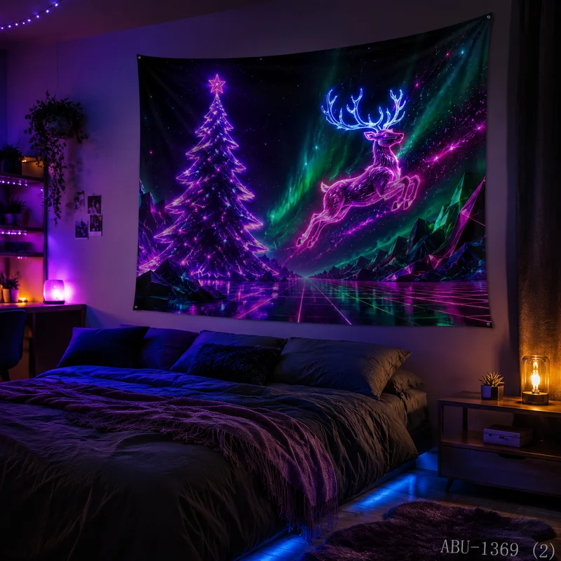 VIKAMA Neon Rainbow Tree Jumping Reindeer Gift Snowflake Light Trail Starry Christmas Tapestry Bedroom Living Room Dorm Home