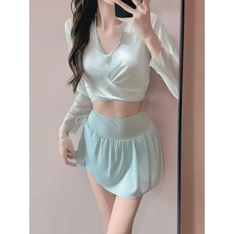 Women's 3-Piece High Waist Skirted Swimsuit with Sheer Cover Up Top Sweet Sexy Beachwear