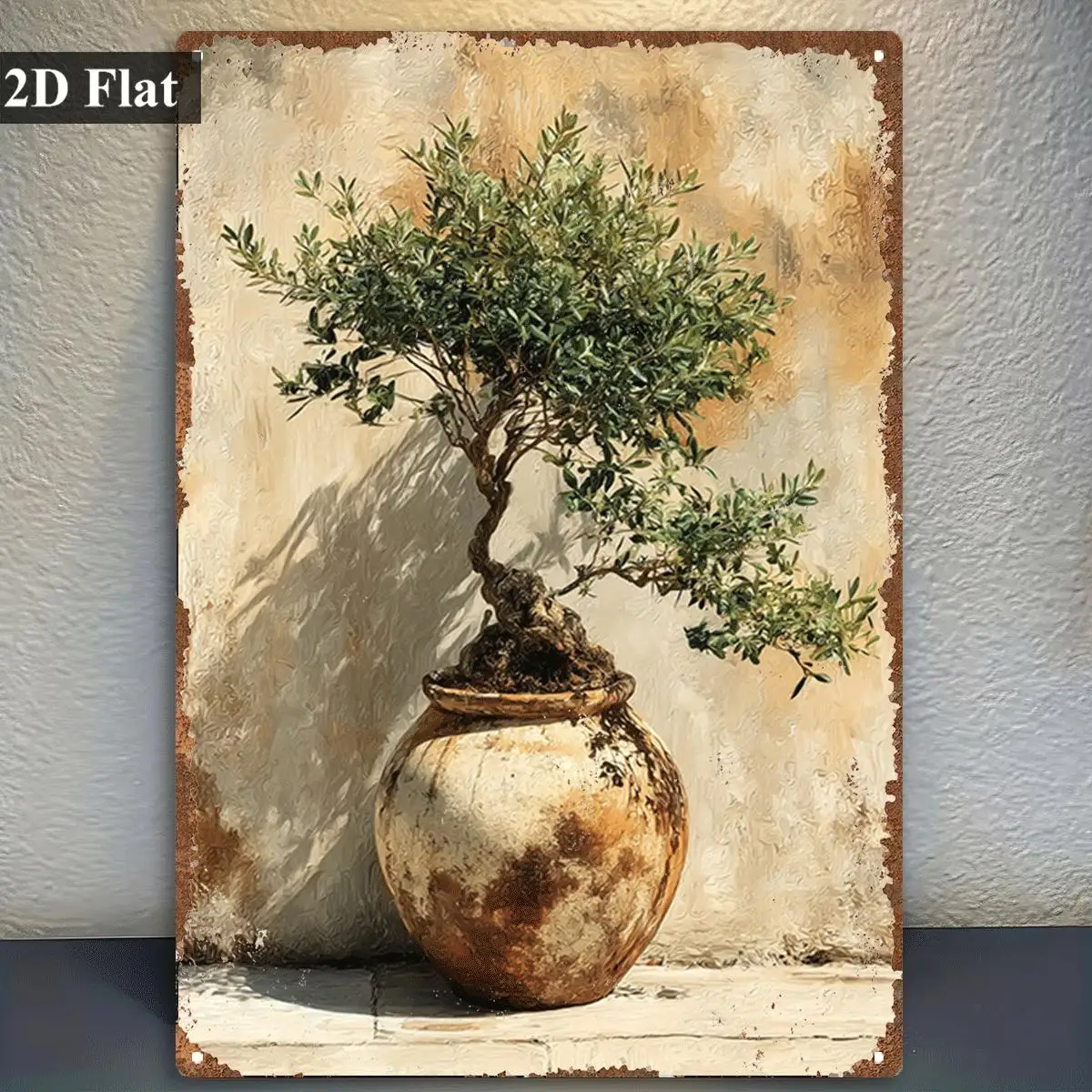 Vintage Metal Tin Sign Potted Olive Bonsai Tree Oil Painting Print Wall Decor For Farm Balcony Garden Wall Art