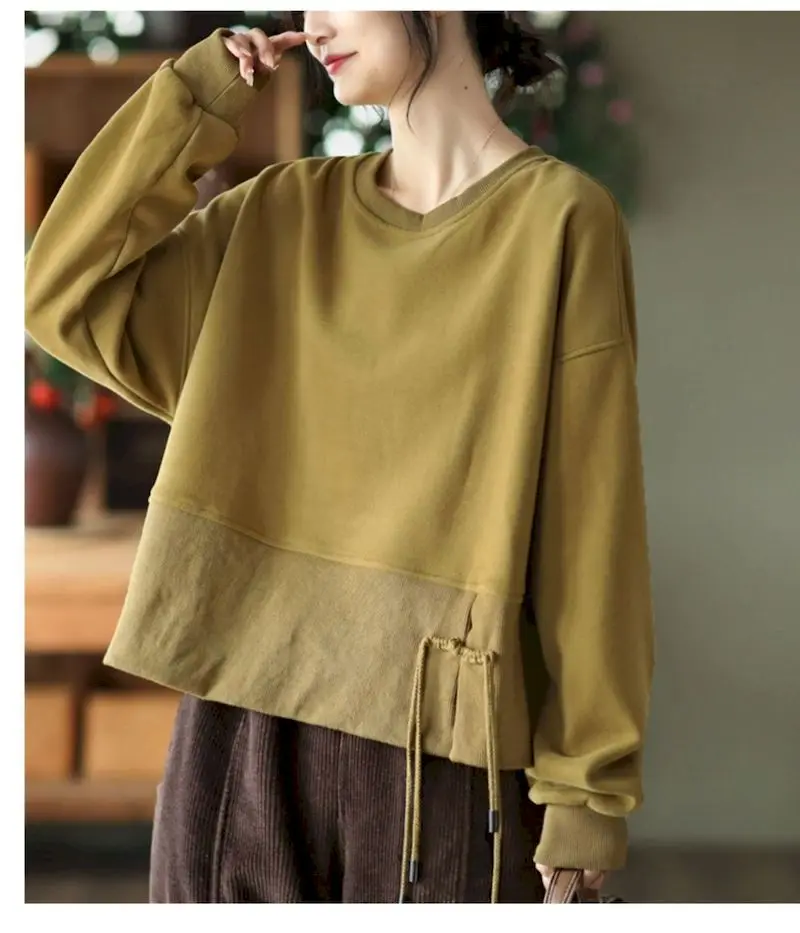 70% Cotton Pullovers Women Fashion Design Drawstring Pullover Casual Loose O-neck Short Tops Spring Autumn Long Sleeve T Shirt