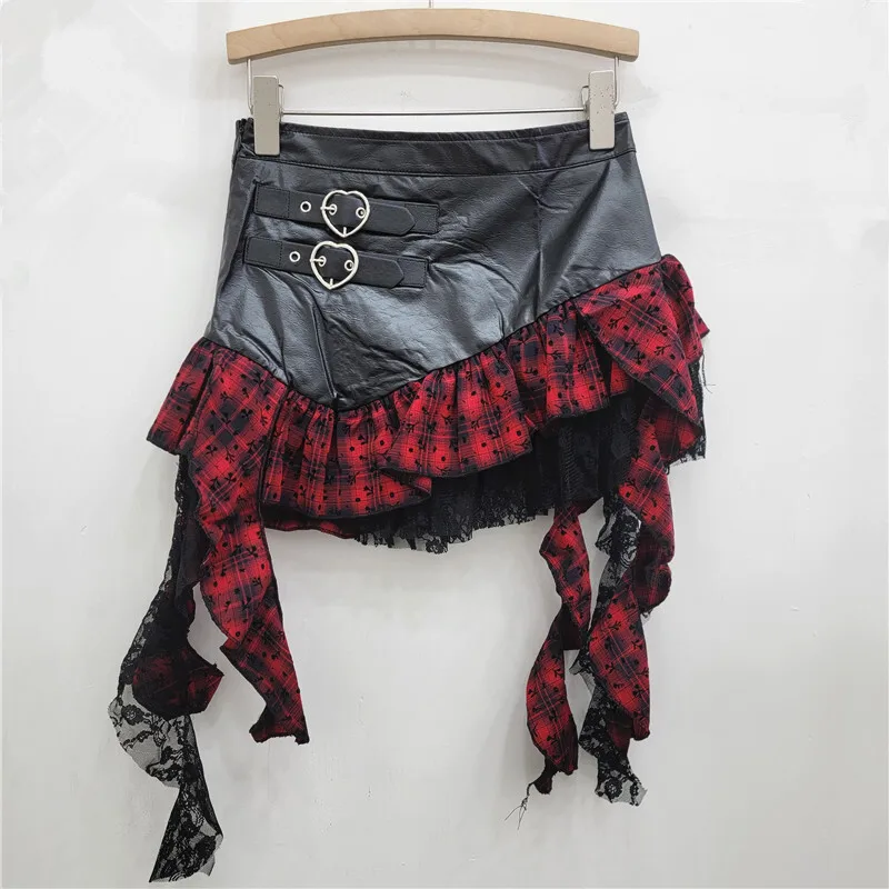 DEAT Women\'s Pu Leather Skirt Red Plaid A-line High Waist Patchwork Lace Buckle Short Skirt Autumn 2024 New Fashion 29L8954