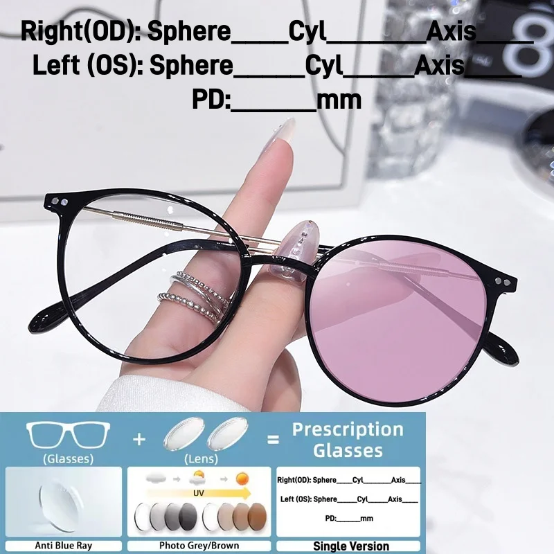 

Женские модные фотохромные очки с диоптриями в круглой оправе, индивидуальные очки для улицы, меняющие цвет, солнцезащитные очки на заказ