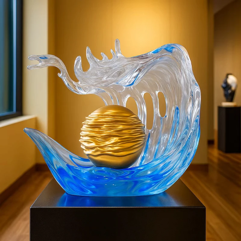 

Modern Abstract Resin Sculpture Blue Wave, Golden Globe Art Decoration Home Office Hotel Interior Decoration