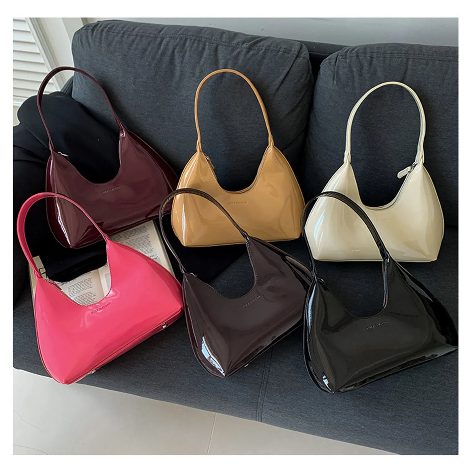 Trendy Designer Solid Shoulder Bags for Women Handbags and Purses 2024 New Fashion Patent Leather Underarm Ladies Tote Bags