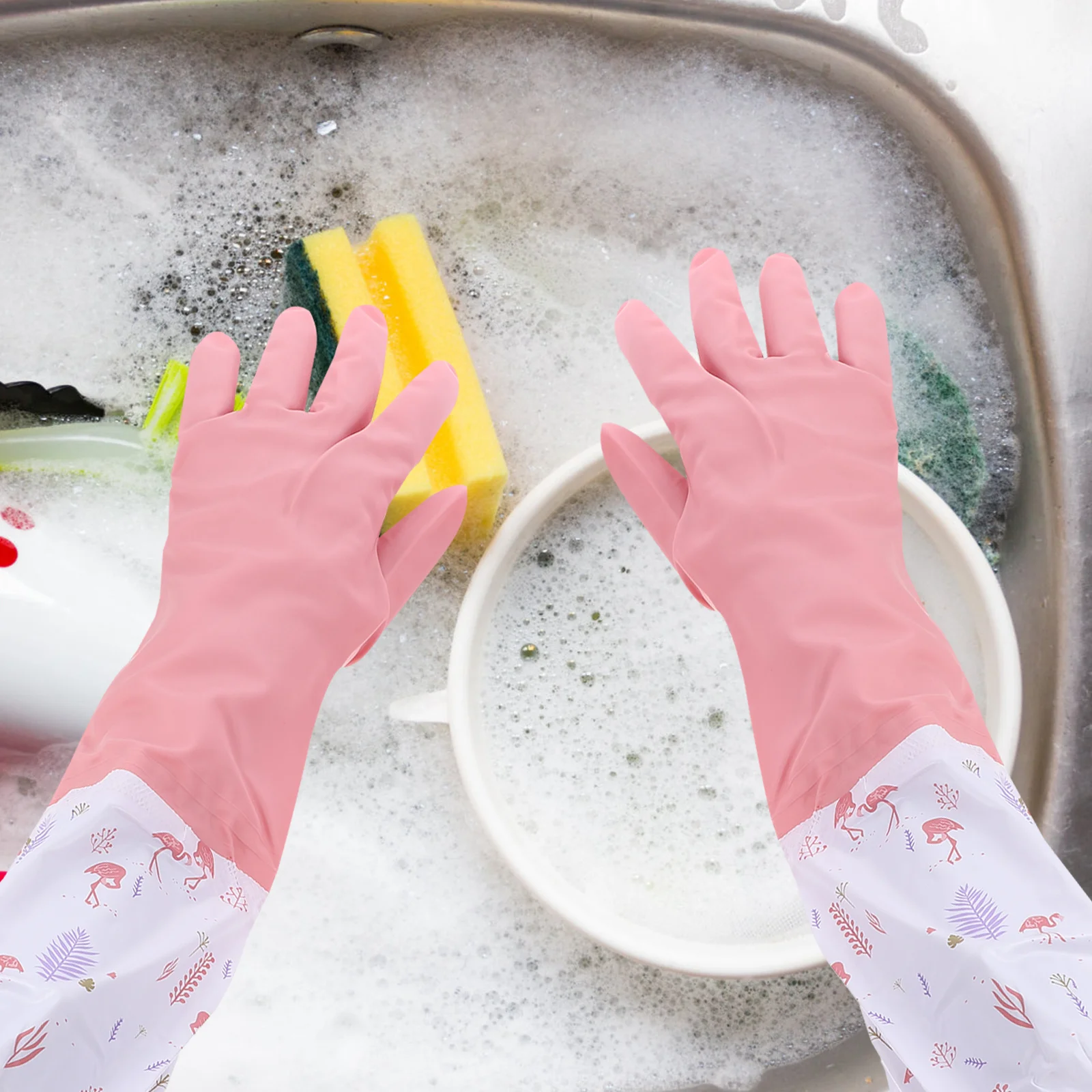 

2Pair Waterproof Kitchen Gloves Rubber Thicken Long Protective Anti-Skid Dishwashing Gloves Warm Lining for Home Gardening