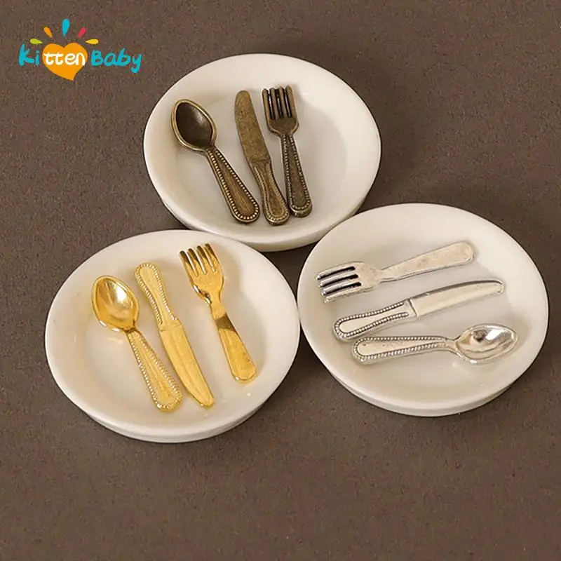 1:12 Dollhouse Miniature Plate Fork Knife Spoon Set For Dessert Cake Food Tableware Model Toys DIY Dolls House Kitchen Decor