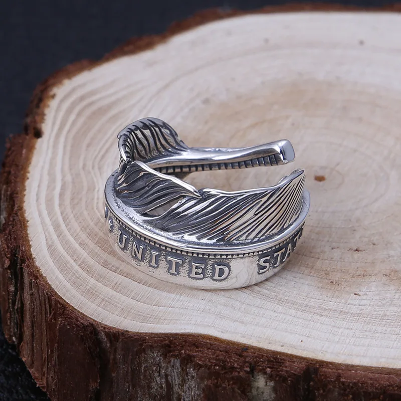 Wholesale S925 sterling silver ring trend fashion letter feather vintage Thai silver rings for men and women