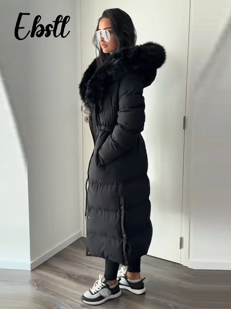 الدافئة الفراء طوق مرونة الخصر معطف مقنع المرأة أنيقة الخصر متقصف سحابات طويلة القطن معاطف 2025 شتاء جديد سيدة أبلى