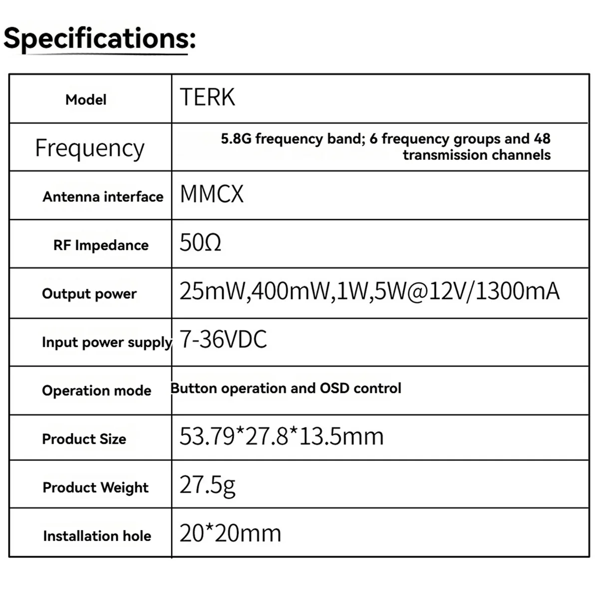 

B47C For Axisflying TERK VTX 5.8G 5W VTX 48CH FPV Video Transmitter for FPV Freestyle RC Long Range Drone