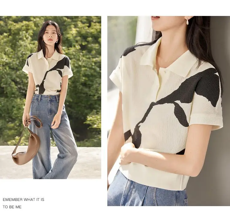 新しいファッショナブルなコントラストカラーのポロネック半袖シャツ女性の夏の新しい気質シャツ