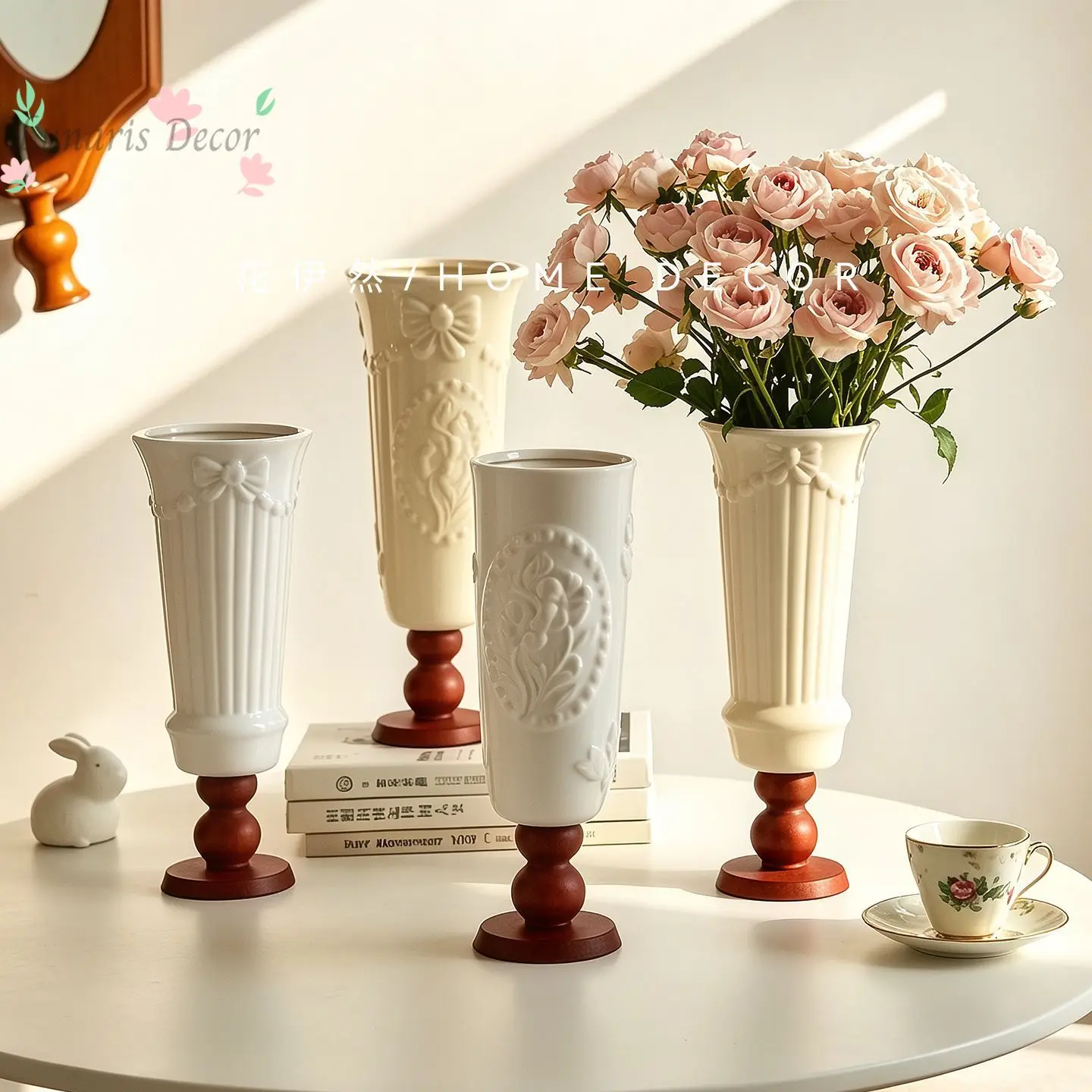 French medieval cream relief wooden tray ceramic vase living room dining room table top high-end niche flower arrangement device
