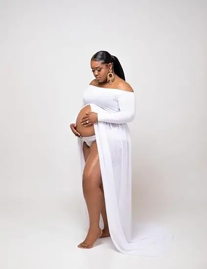 Photographed pregnant woman's dress - sexy deep V-neck long-sleeved silk-cotton blended chiffon tight-fitting with trailing skir