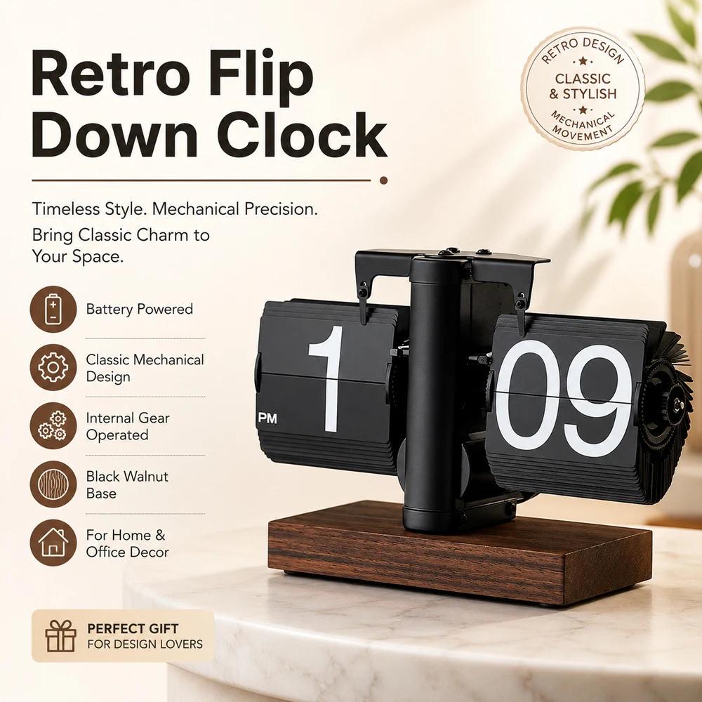 Retro Digital Flip Down Clock, Battery Powered Internal Gear Operated Clock, Classic Mechanical, Black Walnut Base, for Home