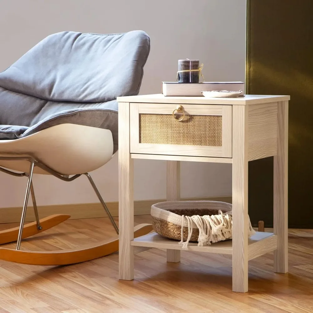 White Nightstand Set of 2,Rattan Decor Drawer with Brass Knobs Night Stand Wood Bedside Table Boho End Tables Side Tables with