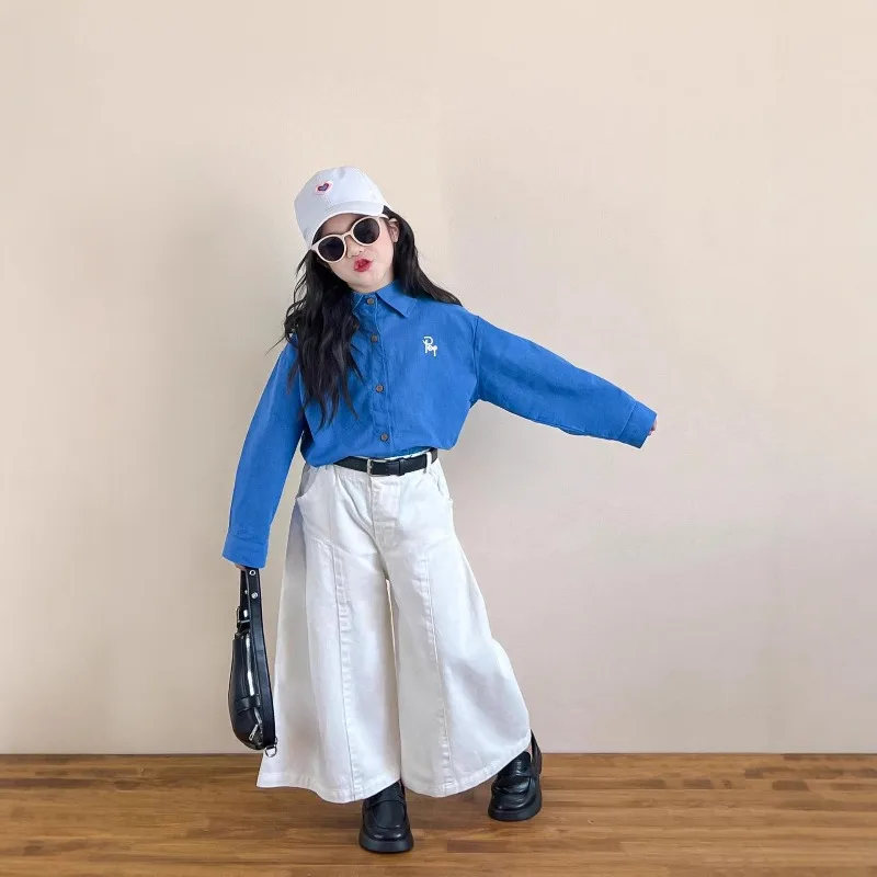 

Girls Set 2025 Autumn Blue Elegant Linen Long Sleeve Shirt White Casual Loose Wide-leg Pants Solid Color Two Piece Set