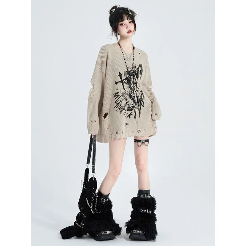 Deeptown Y2k Vintage Hole Women Kint Sweaters Harajuku Print Pullovers Grunge Japanese Fashion Oversized  Autumn Gothic Knitwear