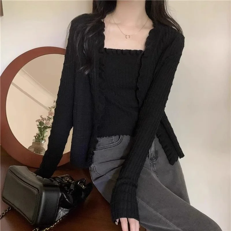 Women's Spring Autumn New Black Ear-Ear-Knitted Cardigan with Two-Piece Long-Sleeve Short Top