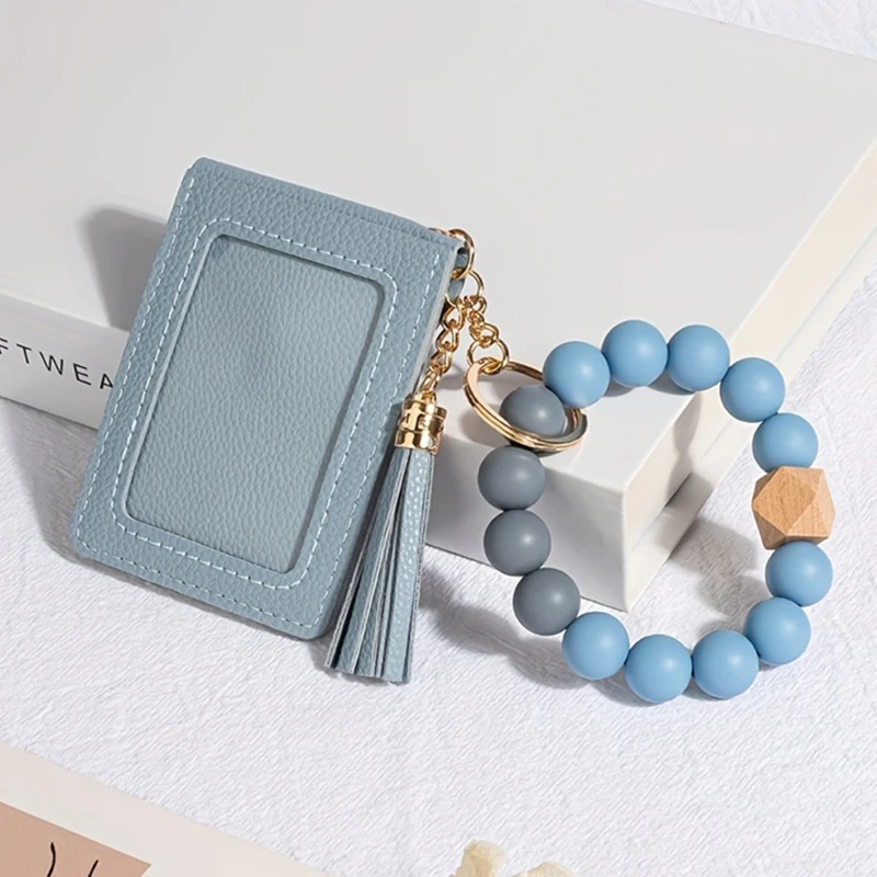 Silicone Bead Bracelet Solid Leather Card Bag Wristlet Keychain Silicone Beaded Bracelet Leather Tassel Wallet Bangle Card Case