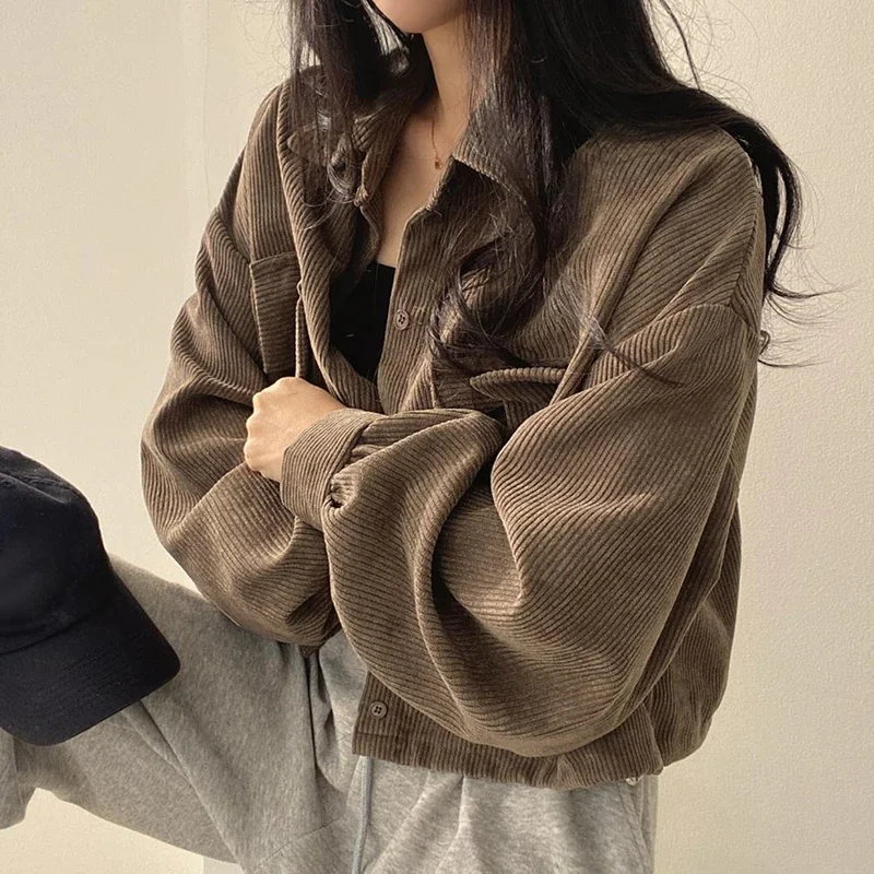 Lucyever-Blusa Retro de pana para mujer, Chaqueta corta con cuello vuelto y bolsillos, Top informal, Otoño, 2023