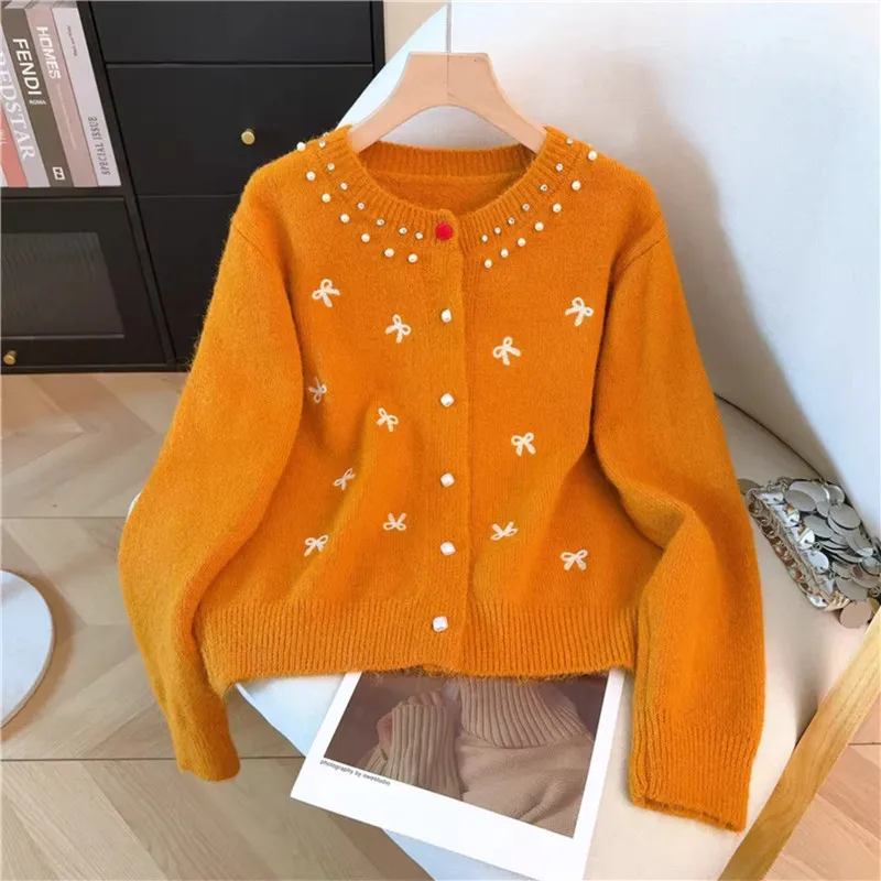 

Beaded Diamond Bow Jacquard Short Knit Sweater Autumn New Women Cardigan Jacket Round Neck Long Sleeve Ladies Knitwear Orange