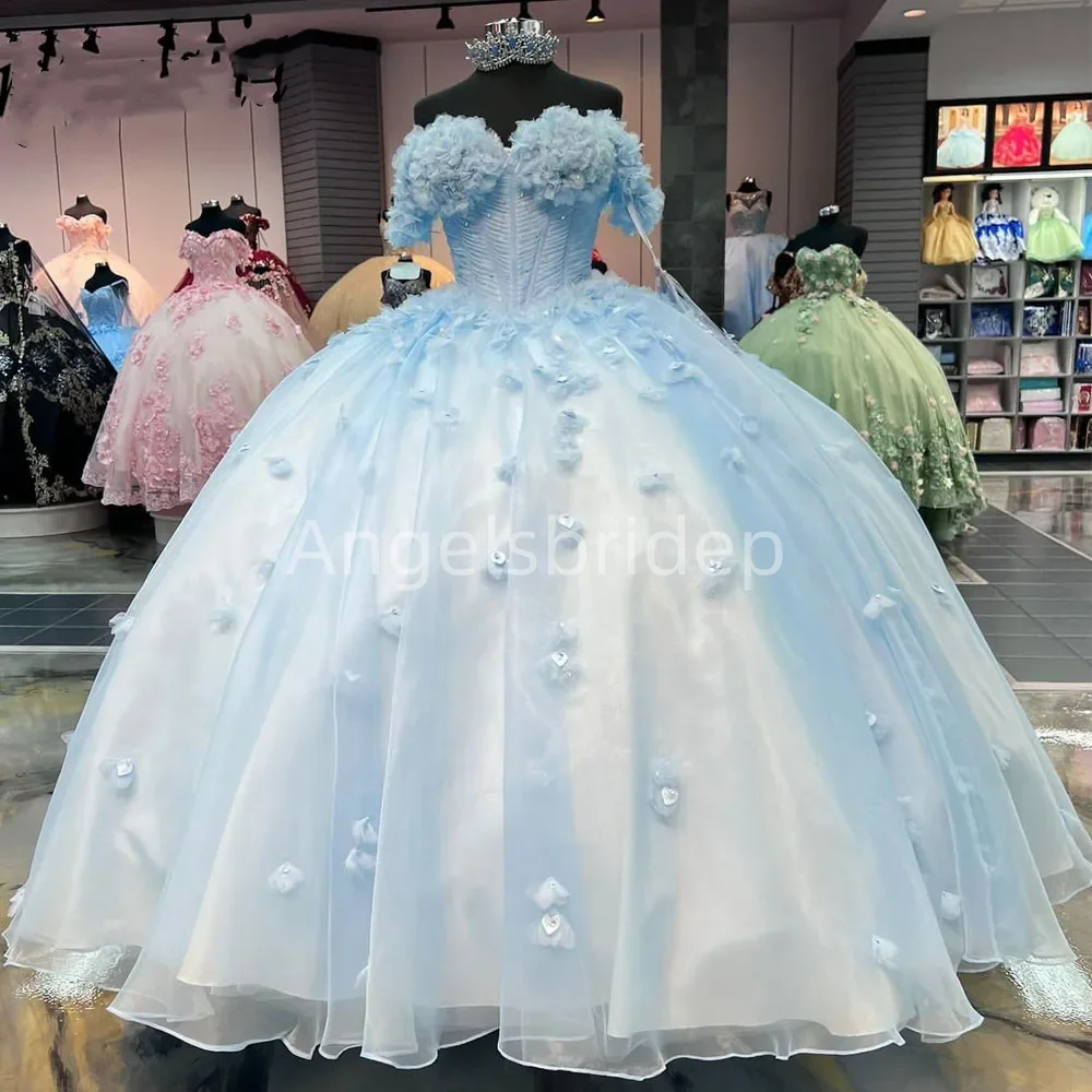 Angelsbride Princess Blue Ball Gown Quinceanera Dresses 3D Flora Sequined Off Shoulder Pleat Corset Vestidos De 15 Años